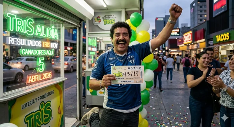 Hombre celebrando premio ganador del Tris hoy frente a punto de venta oficial.