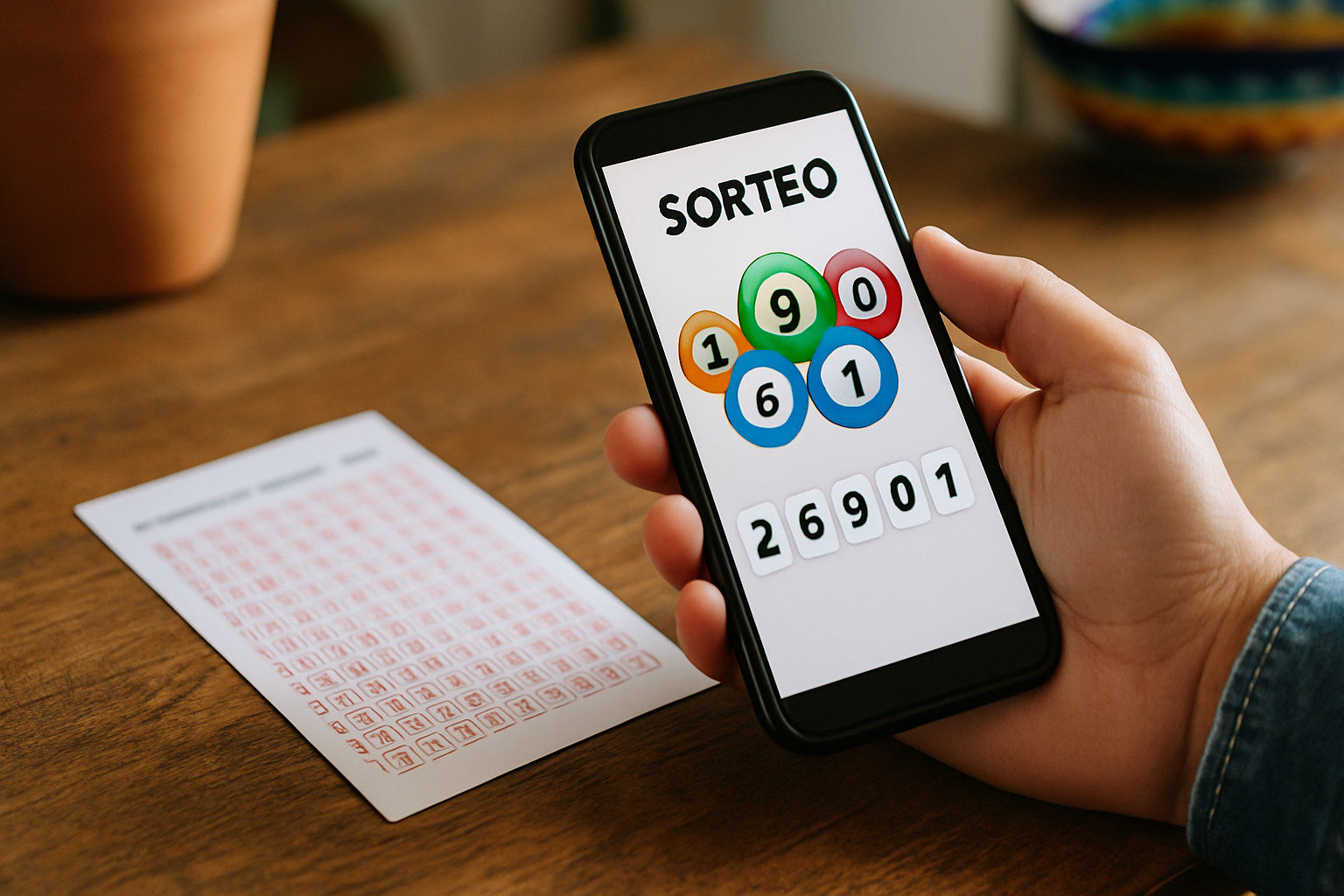 Consulta de números ganadores Tris en celular con boleto sobre una mesa