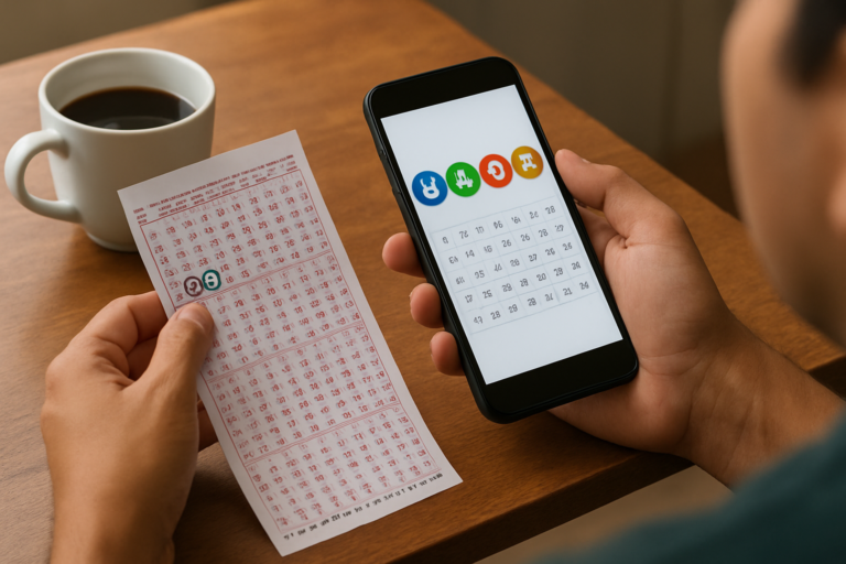 Persona revisando números ganadores Tris en celular y boleto sobre una mesa