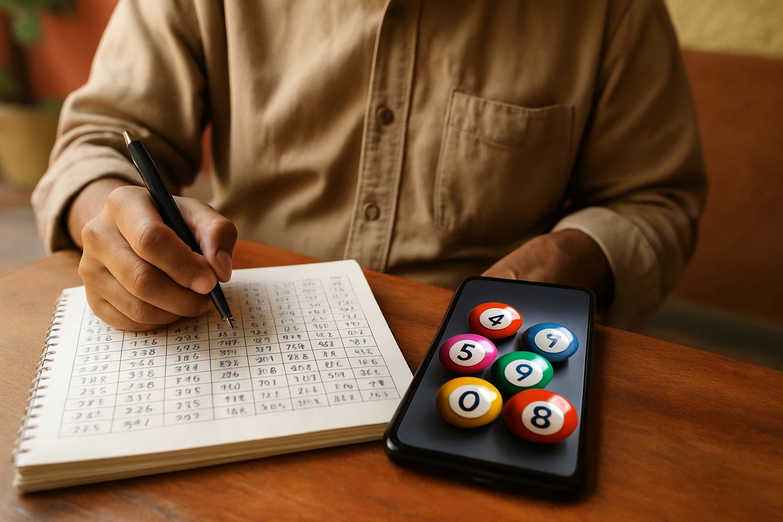 Persona revisando historial de Tris en una libreta junto a su celular