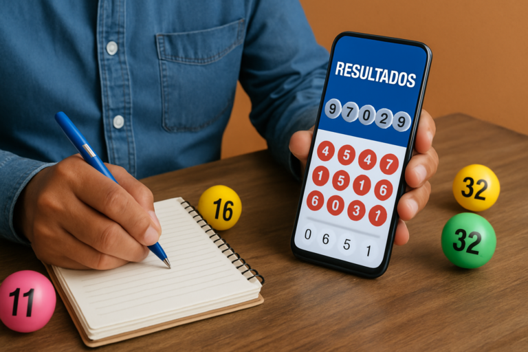 Persona consultando resultados Tris en celular con ambiente informativo