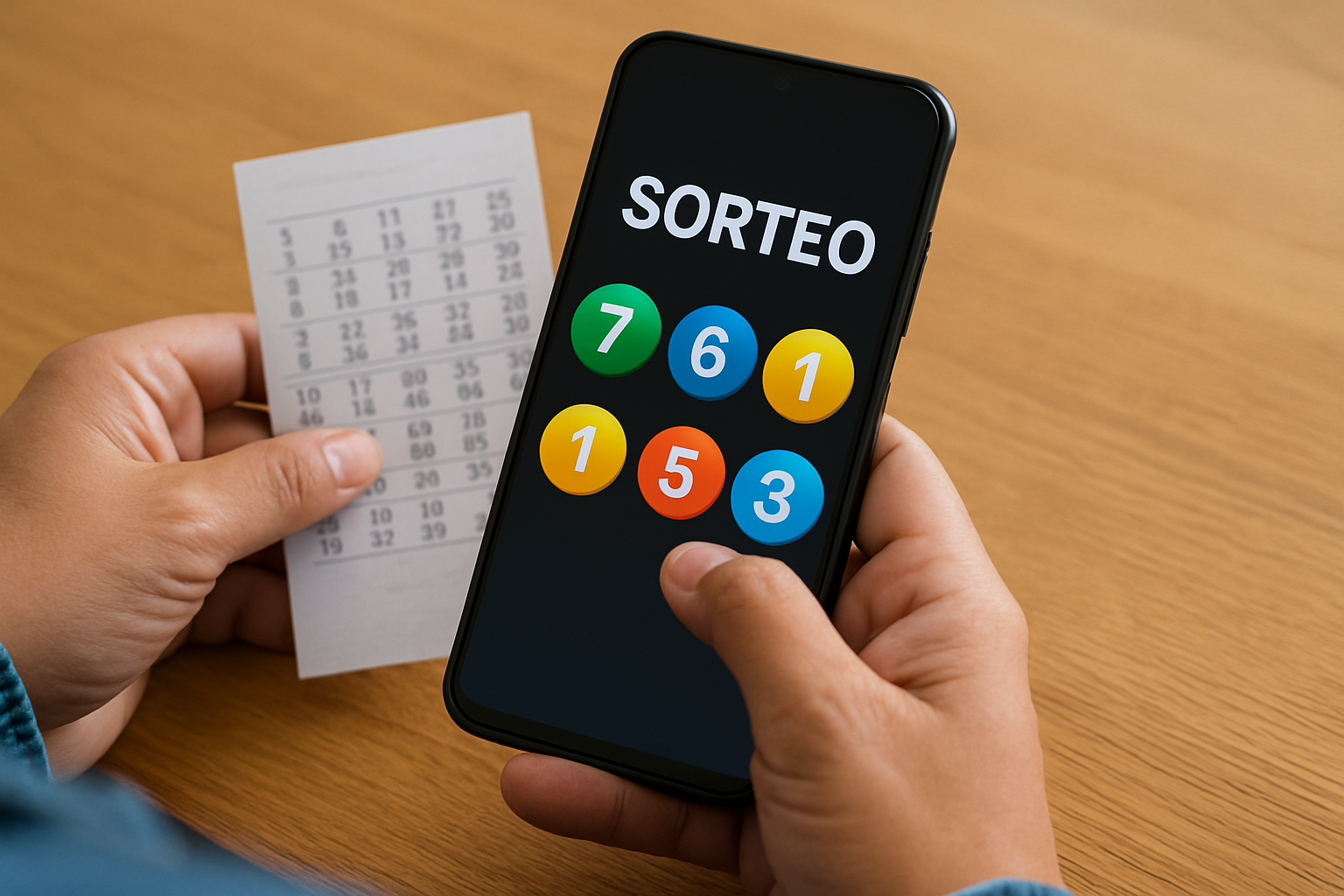Persona revisando resultados Tris en celular junto a un boleto de lotería