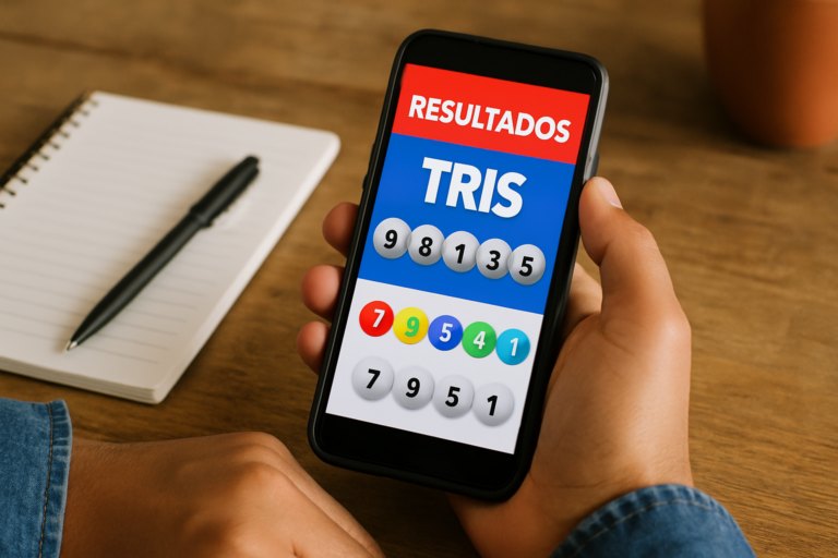 Persona revisando el Tris de hoy en su celular con una libreta al lado