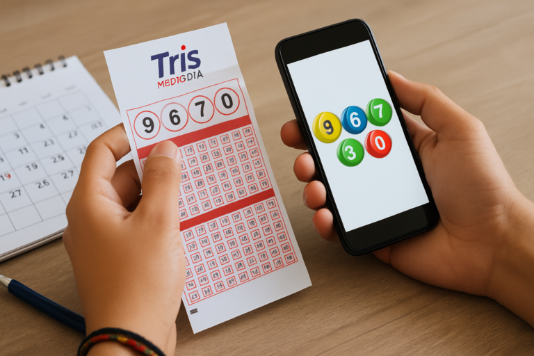 Persona revisando el sorteo Tris Mediodía en celular junto a un boleto y calendario