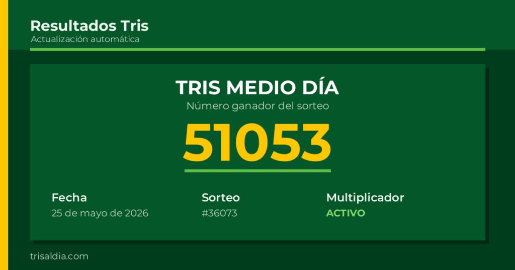 Resultado Tris Medio Día del 25 de mayo de 2026 número ganador 51053