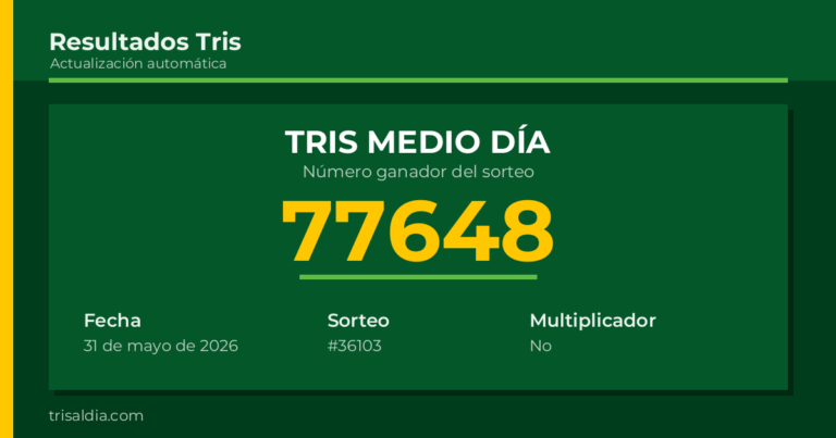 Resultado Tris Medio Día del 31 de mayo de 2026 número ganador 77648