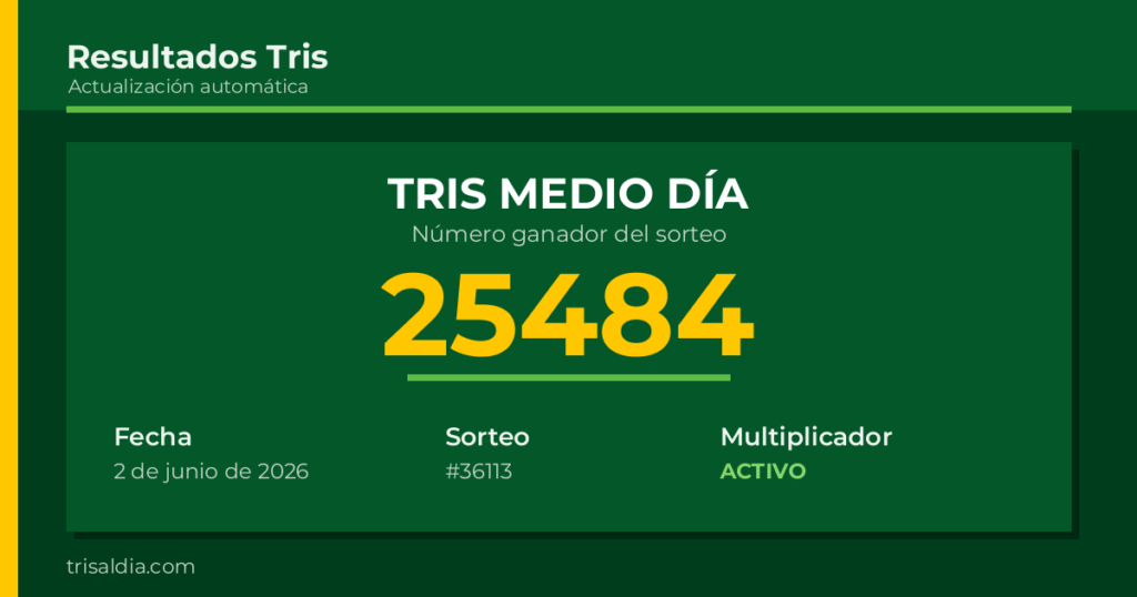 Resultado Tris Medio Día del 2 de junio de 2026 número ganador 25484