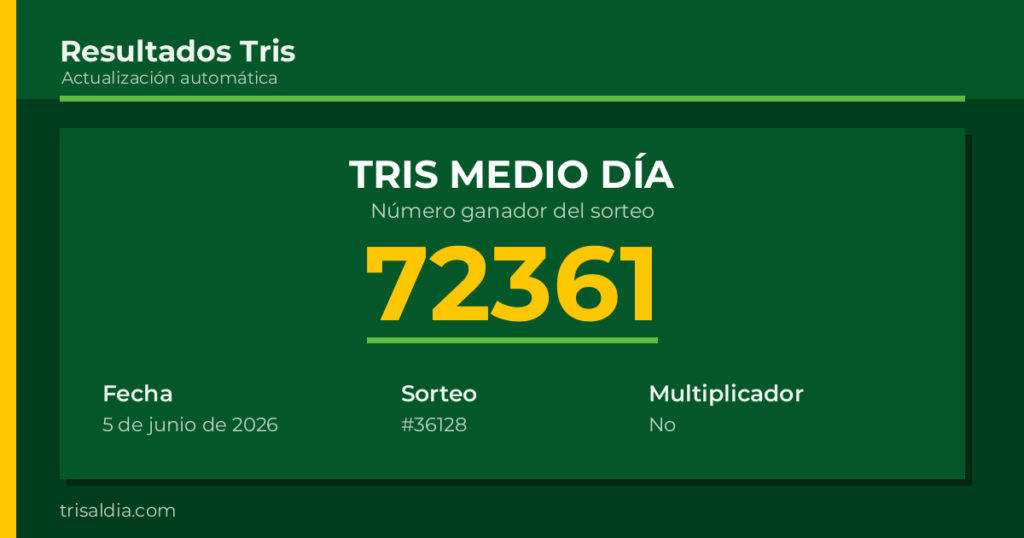 Resultado Tris Medio Día del 5 de junio de 2026 número ganador 72361