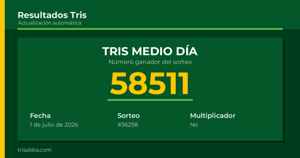 Resultado Tris Medio Día del 1 de julio de 2026 número ganador 58511