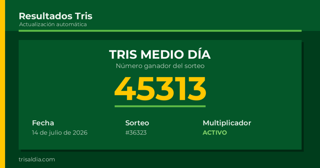 Resultado Tris Medio Día del 14 de julio de 2026 número ganador 45313