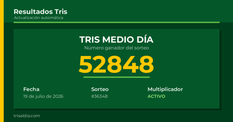 Resultado Tris Medio Día del 19 de julio de 2026 número ganador 52848