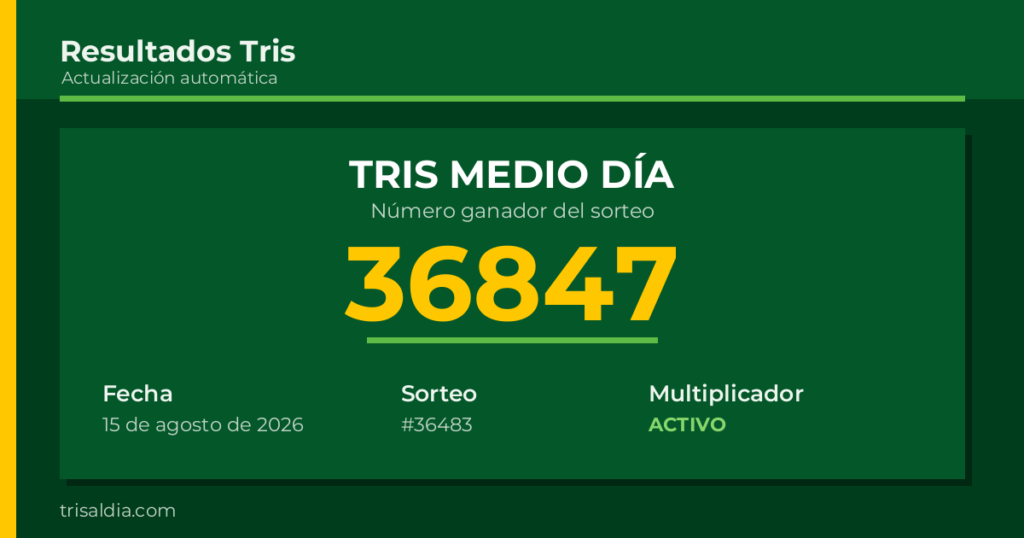 Resultado Tris Medio Día del 15 de agosto de 2026 número ganador 36847