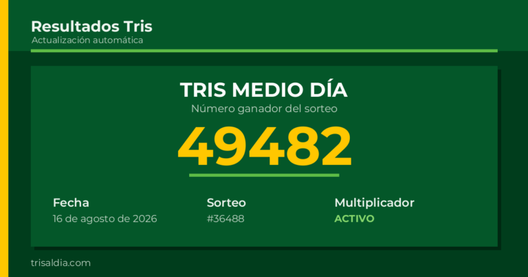 Resultado Tris Medio Día del 16 de agosto de 2026 número ganador 49482