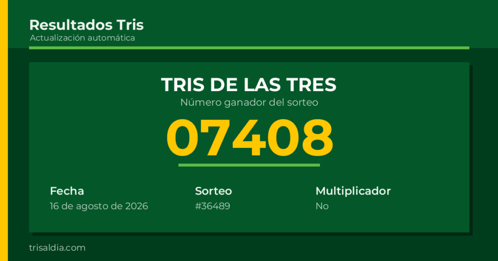 Resultado Tris De las Tres del 16 de agosto de 2026 número ganador 07408