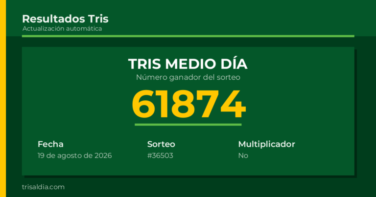 Resultado Tris Medio Día del 19 de agosto de 2026 número ganador 61874