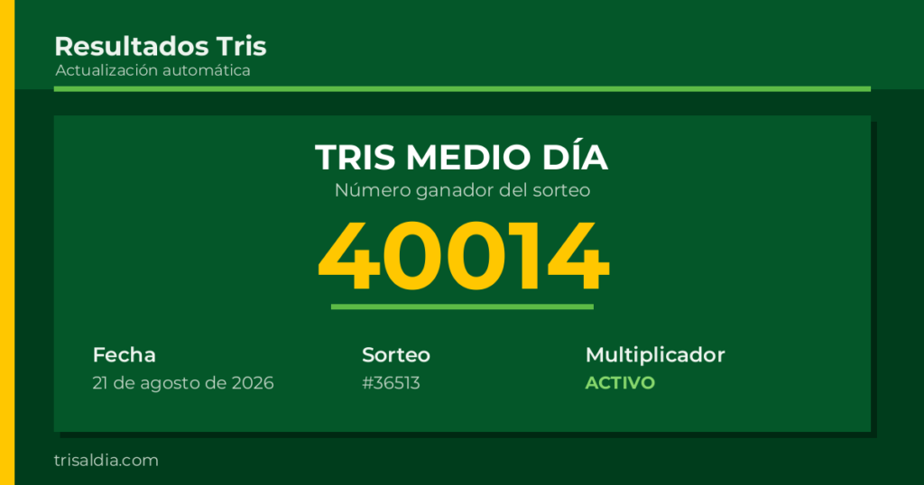Resultado Tris Medio Día del 21 de agosto de 2026 número ganador 40014