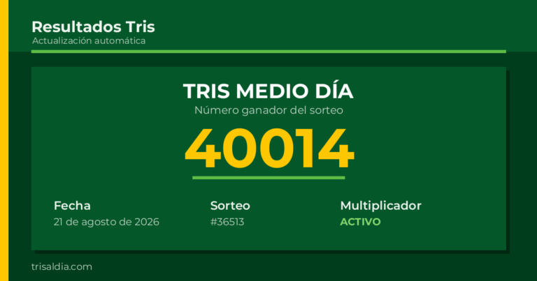 Resultado Tris Medio Día del 21 de agosto de 2026 número ganador 40014