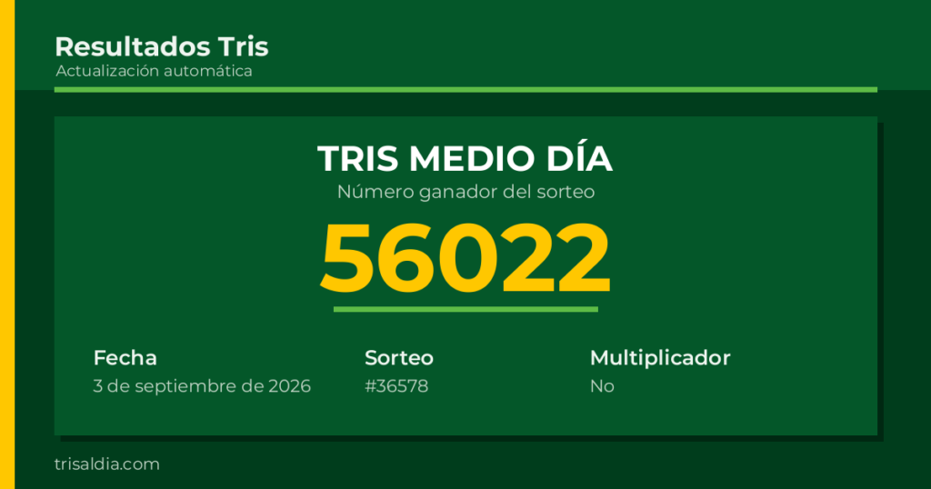 Resultado Tris Medio Día del 3 de septiembre de 2026 número ganador 56022
