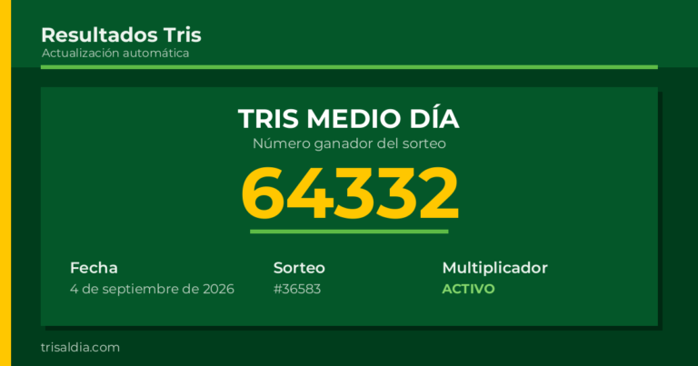 Resultado Tris Medio Día del 4 de septiembre de 2026 número ganador 64332