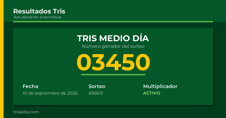 Resultado Tris Medio Día del 10 de septiembre de 2026 número ganador 03450