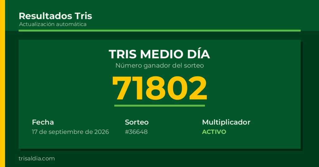 Resultado Tris Medio Día del 17 de septiembre de 2026 número ganador 71802