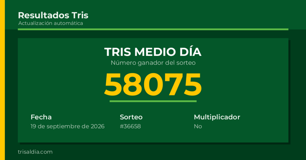 Resultado Tris Medio Día del 19 de septiembre de 2026 número ganador 58075