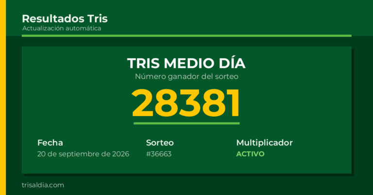 Resultado Tris Medio Día del 20 de septiembre de 2026 número ganador 28381
