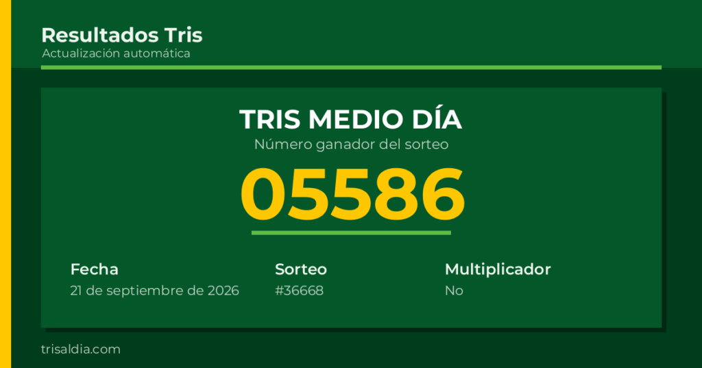 Resultado Tris Medio Día del 21 de septiembre de 2026 número ganador 05586
