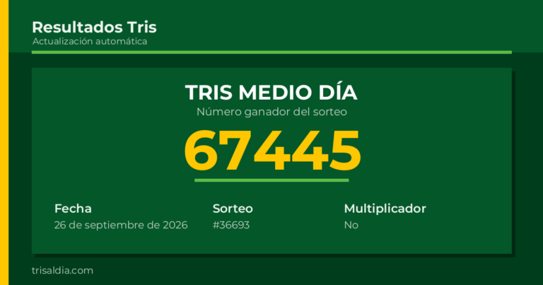 Resultado Tris Medio Día del 26 de septiembre de 2026 número ganador 67445