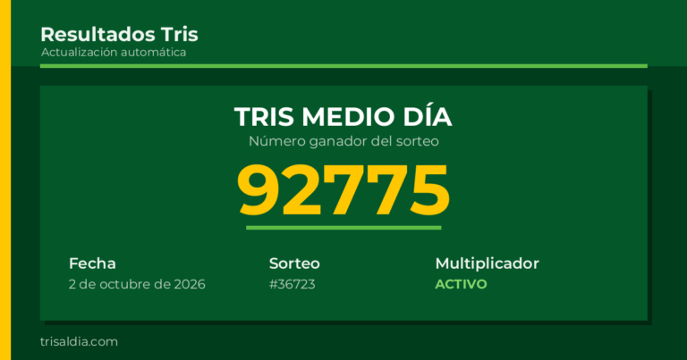 Resultado Tris Medio Día del 2 de octubre de 2026 número ganador 92775