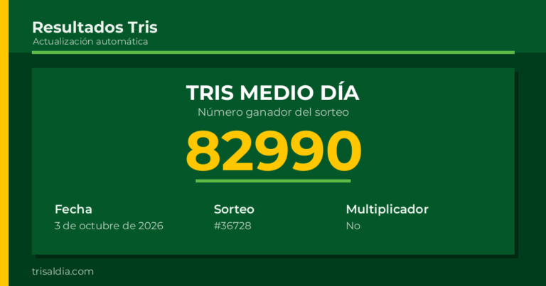 Resultado Tris Medio Día del 3 de octubre de 2026 número ganador 82990