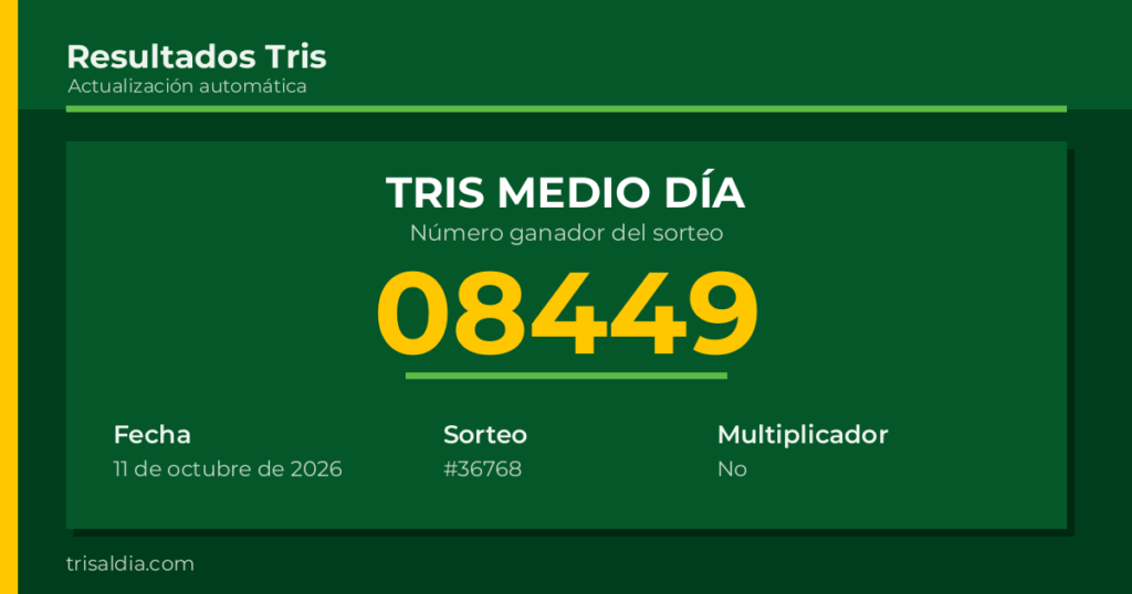 Resultado Tris Medio Día del 11 de octubre de 2026 número ganador 08449