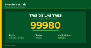 Resultado Tris De las Tres del 5 de abril de 2026 número ganador 99980