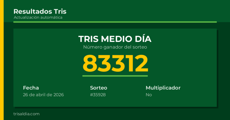 Resultado Tris Medio Día del 26 de abril de 2026 número ganador 83312